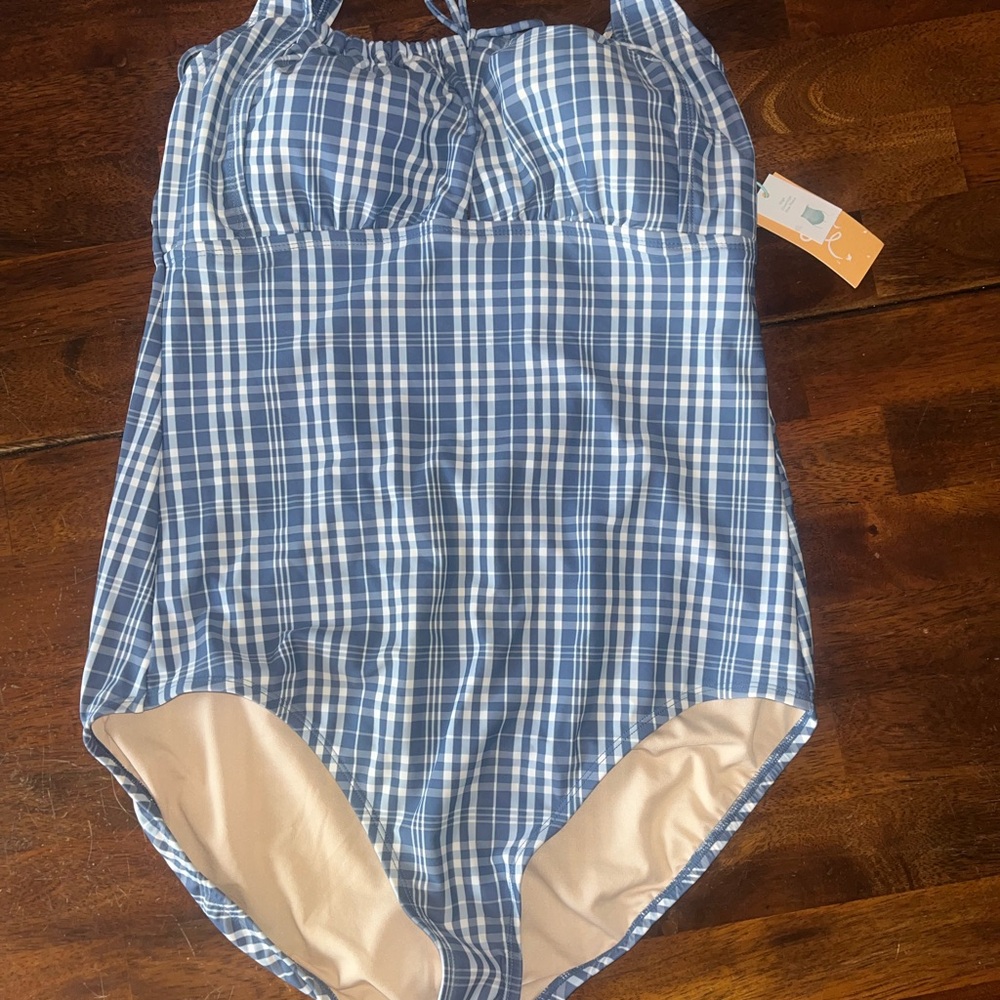 NWT Womens Blue Checkered Swimuit full coverage butt sz XL 16/18